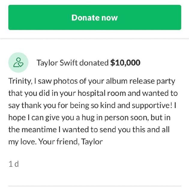 霉霉为16岁身患癌症粉丝捐款1万美元：给你一个拥抱