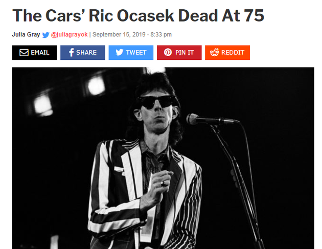 The Cars乐队主唱Ric Ocasek逝世 死因尚不清楚