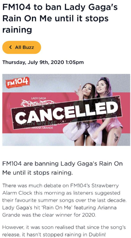 Gaga和A妹新歌发行后爱尔兰降雨不断 被电台暂时禁播