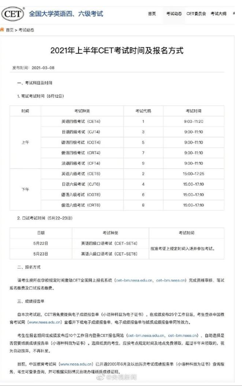 2021上半年四六級考試時間公布 將于6月12日進行筆試