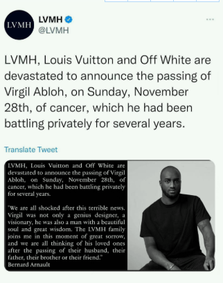 LV艺术总监Virgil Abloh去世 过去2年与心脏血管瘤做斗争