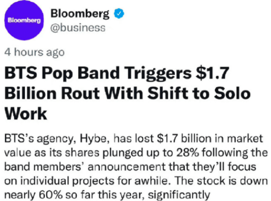 HYBE股价狂跌蒸发17亿美元 或受防弹少年团solo影响